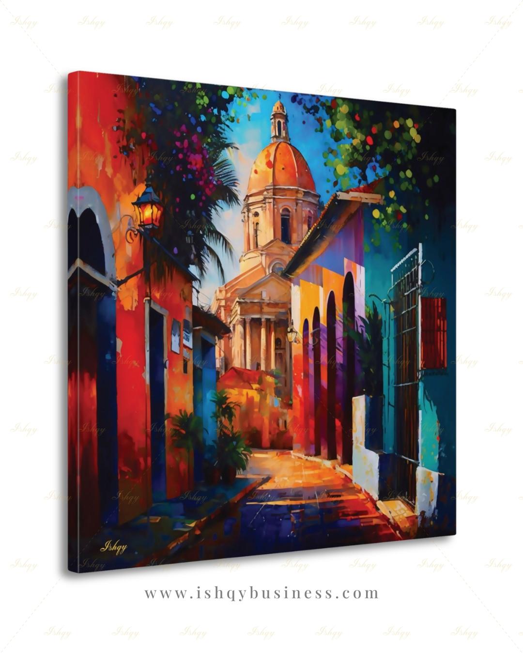 Oversized Santo Domingo Canvas Wall Art, Dominican Colonial Framed Canvas Print, Extra Large Textured Street Oil Painting, Apartment Decor