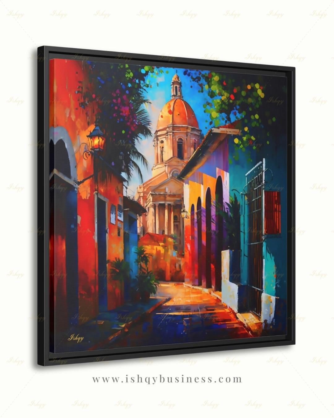 Oversized Santo Domingo Canvas Wall Art, Dominican Colonial Framed Canvas Print, Extra Large Textured Street Oil Painting, Apartment Decor