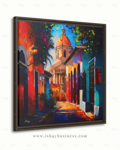Oversized Santo Domingo Canvas Wall Art, Dominican Colonial Framed Canvas Print, Extra Large Textured Street Oil Painting, Apartment Decor