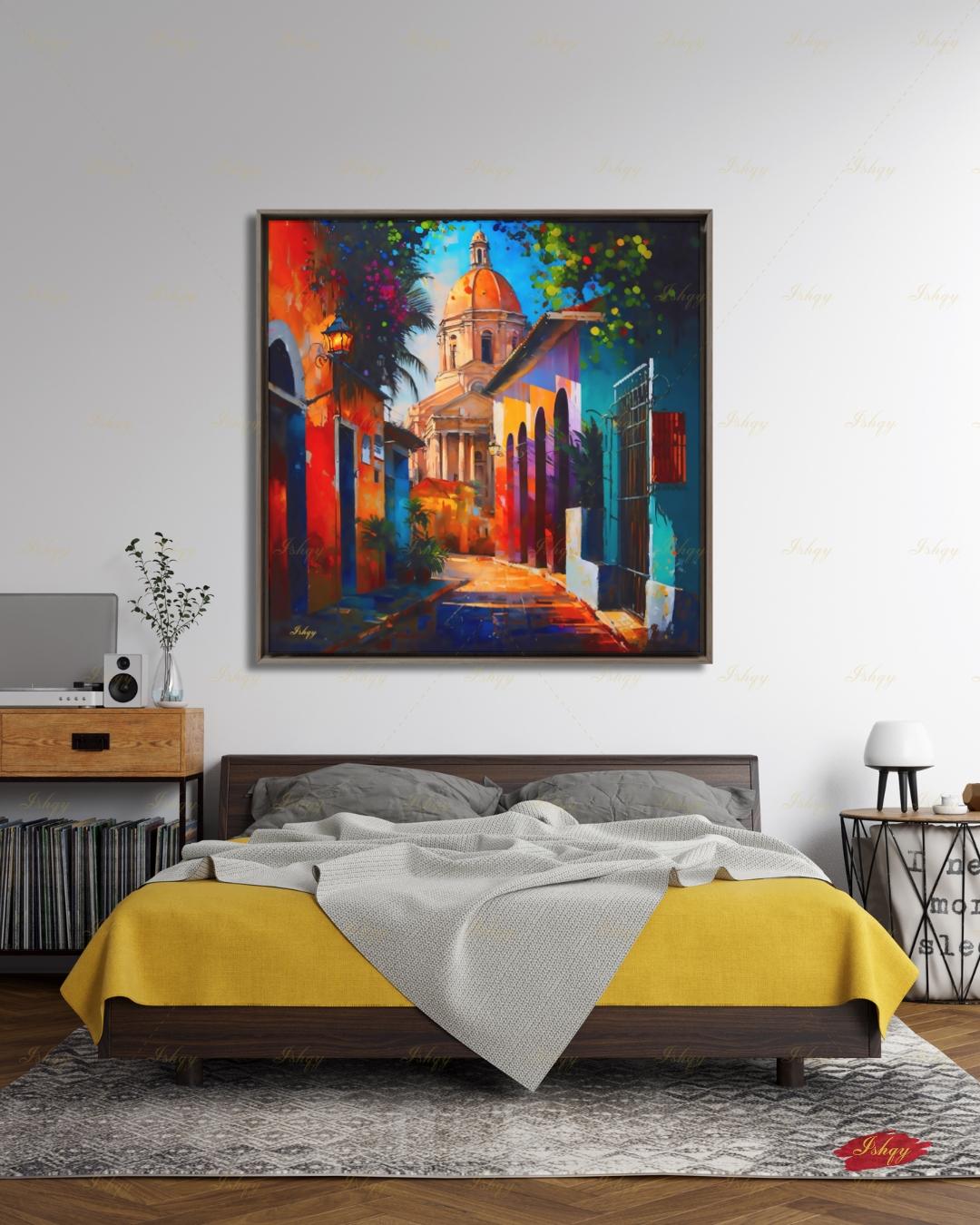 Oversized Santo Domingo Canvas Wall Art, Dominican Colonial Framed Canvas Print, Extra Large Textured Street Oil Painting, Apartment Decor