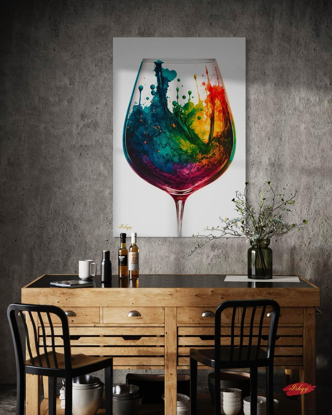 Colorful Wine Glass Abstract Wall Art Print, Canvas & Framed Canvas – Modern Kitchen, Dining Room & Home Bar Decor, Vibrant Rainbow Splash Painting