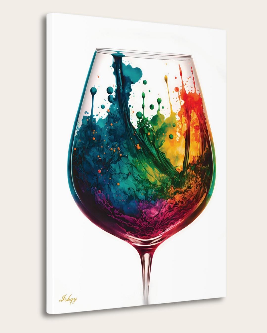 Colorful Wine Glass Abstract Wall Art Print, Canvas & Framed Canvas – Modern Kitchen, Dining Room & Home Bar Decor, Vibrant Rainbow Splash Painting