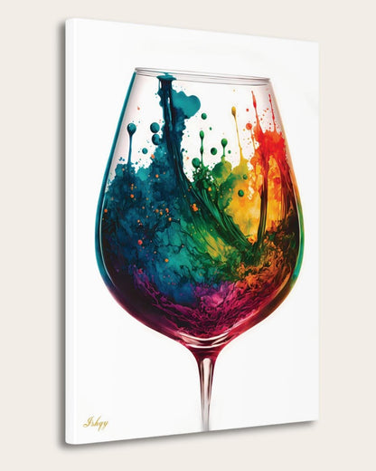 Colorful Wine Glass Abstract Wall Art Print, Canvas & Framed Canvas – Modern Kitchen, Dining Room & Home Bar Decor, Vibrant Rainbow Splash Painting