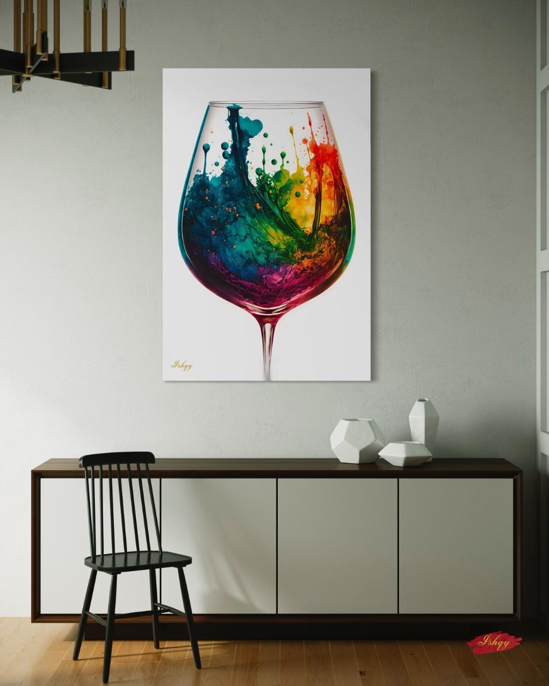 Colorful Wine Glass Abstract Wall Art Print, Canvas & Framed Canvas – Modern Kitchen, Dining Room & Home Bar Decor, Vibrant Rainbow Splash Painting