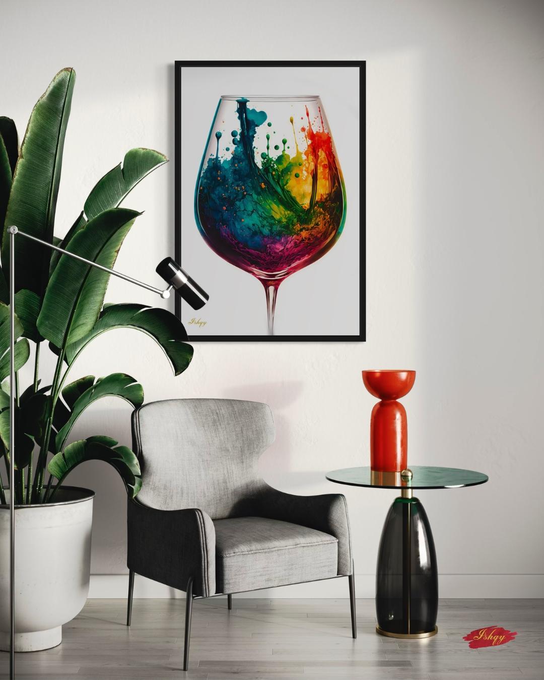 Colorful Wine Glass Abstract Wall Art Print, Canvas & Framed Canvas – Modern Kitchen, Dining Room & Home Bar Decor, Vibrant Rainbow Splash Painting