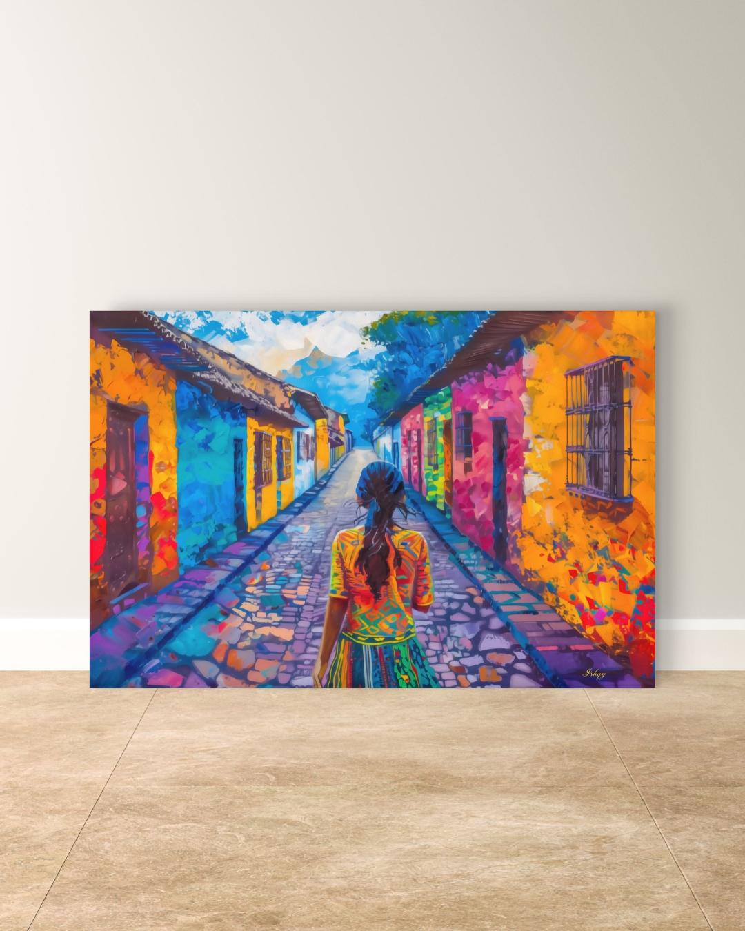 Chichicastenango Cityscape Painting Print Canvas Framed Canvas, Guatemala Street Art, Colorful Colonial Wall Art For Living Room And Bedroom