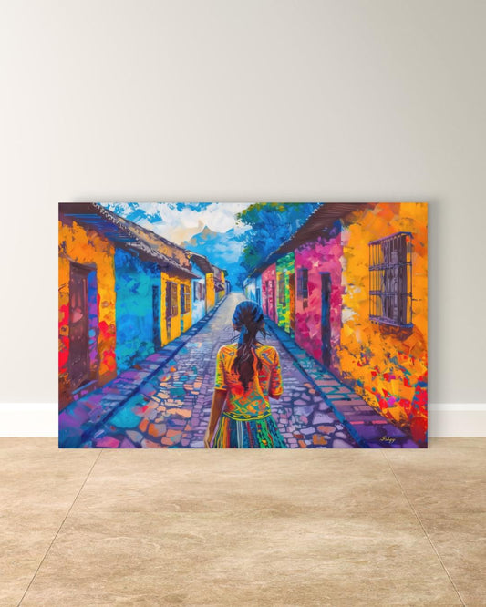 Chichicastenango Cityscape Painting Print Canvas Framed Canvas, Guatemala Street Art, Colorful Colonial Wall Art For Living Room And Bedroom