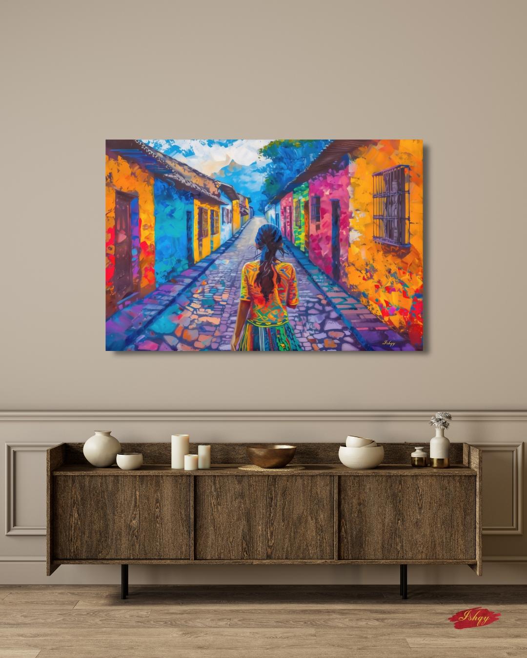 Chichicastenango Cityscape Painting Print Canvas Framed Canvas, Guatemala Street Art, Colorful Colonial Wall Art For Living Room And Bedroom