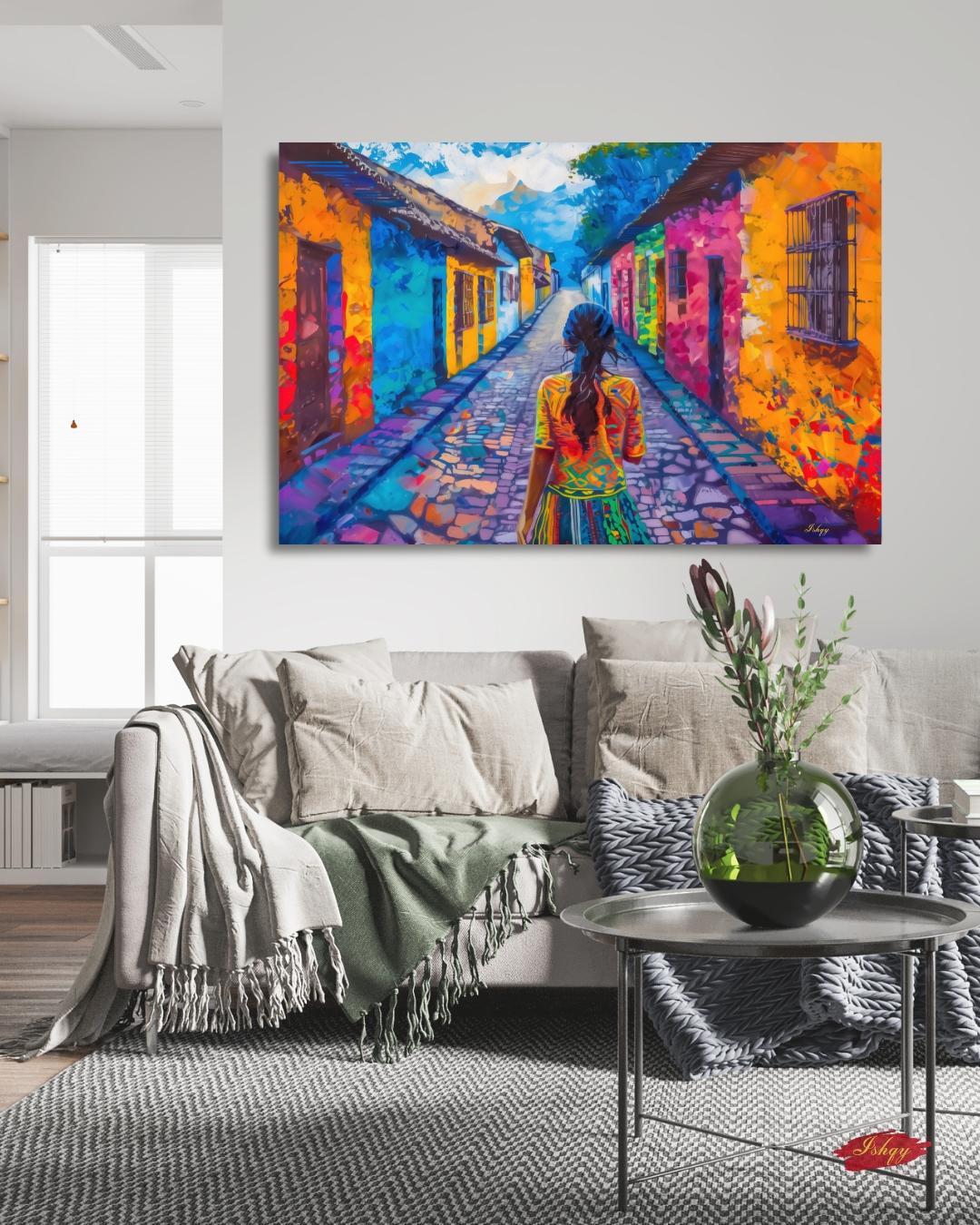 Chichicastenango Cityscape Painting Print Canvas Framed Canvas, Guatemala Street Art, Colorful Colonial Wall Art For Living Room And Bedroom