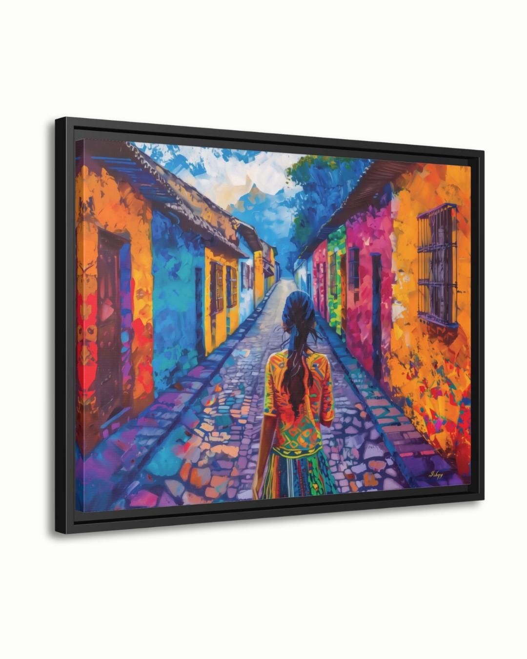 Chichicastenango Cityscape Painting Print Canvas Framed Canvas, Guatemala Street Art, Colorful Colonial Wall Art For Living Room And Bedroom