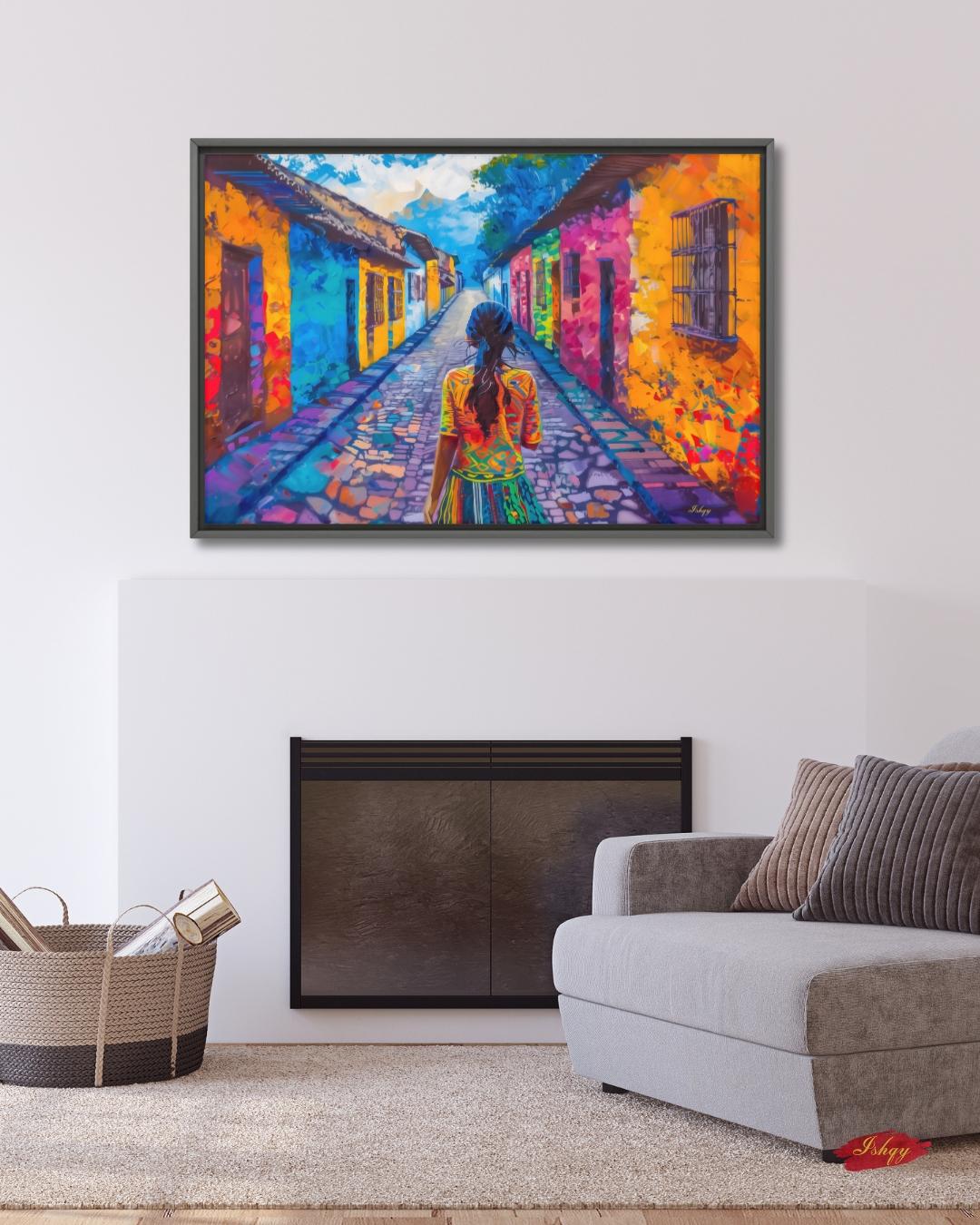 Chichicastenango Cityscape Painting Print Canvas Framed Canvas, Guatemala Street Art, Colorful Colonial Wall Art For Living Room And Bedroom