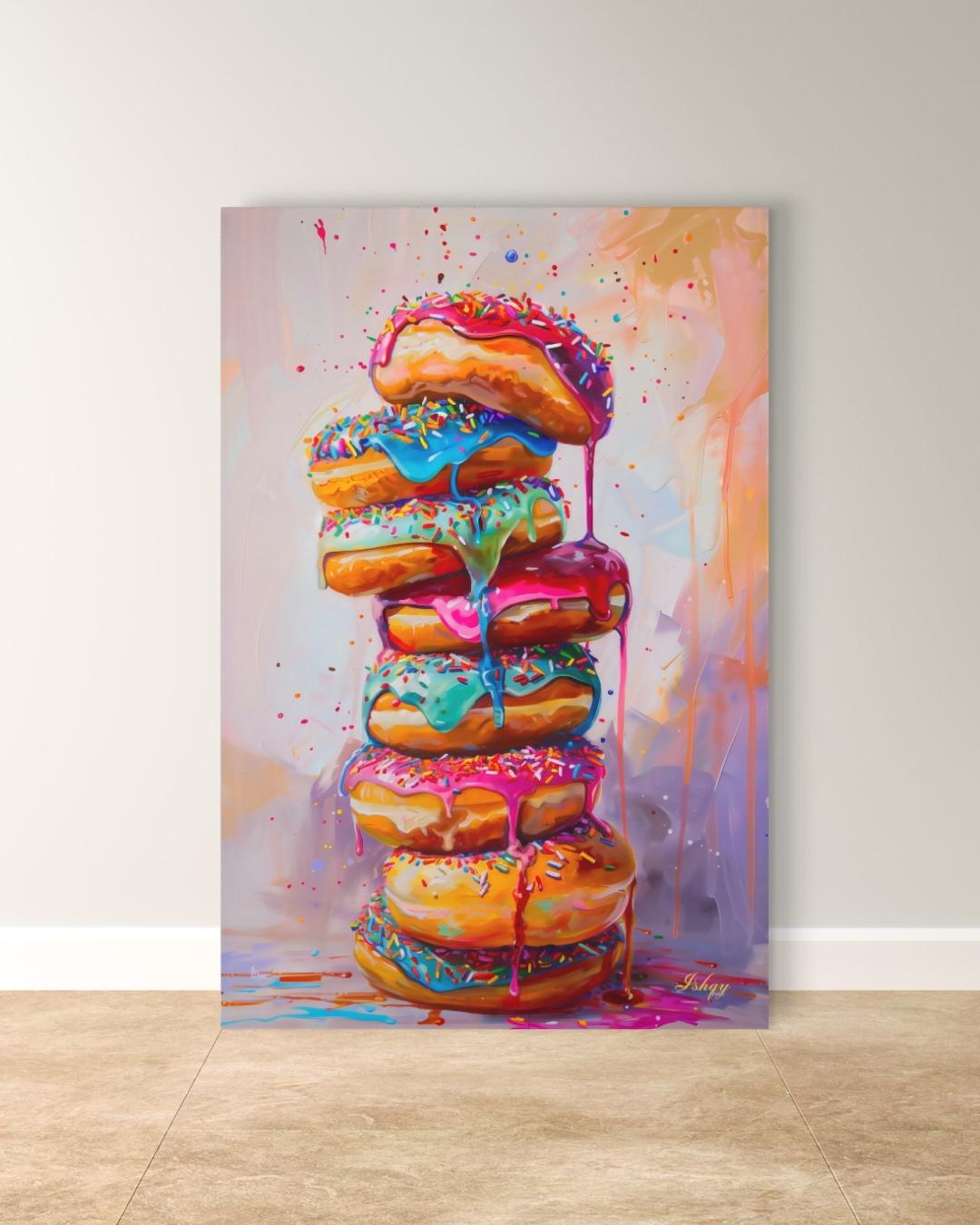 Donut Stack Painting Canvas Framed Canvas, Colorful Dripping Doughnuts Pop Art Print For Kitchen Coffee Bar, Bakery Dining Room Wall Decor