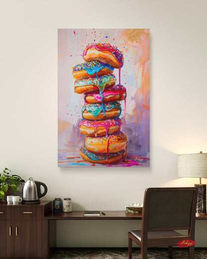 Donut Stack Painting Canvas Framed Canvas, Colorful Dripping Doughnuts Pop Art Print For Kitchen Coffee Bar, Bakery Dining Room Wall Decor