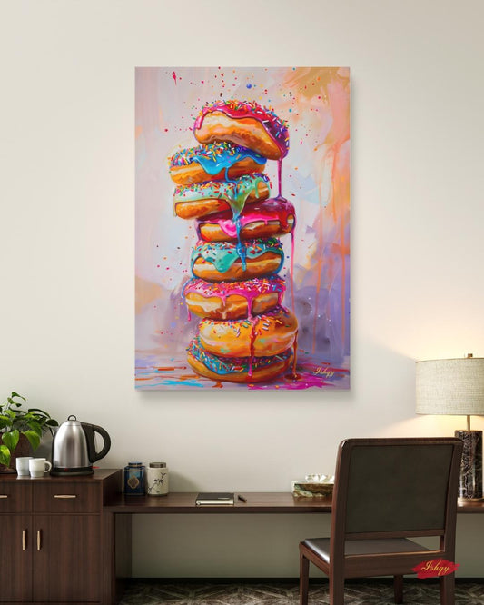 Donut Stack Painting Canvas Framed Canvas, Colorful Dripping Doughnuts Pop Art Print For Kitchen Coffee Bar, Bakery Dining Room Wall Decor