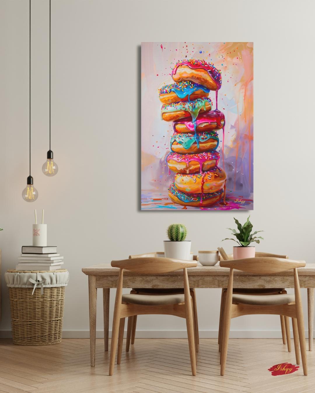 Donut Stack Painting Canvas Framed Canvas, Colorful Dripping Doughnuts Pop Art Print For Kitchen Coffee Bar, Bakery Dining Room Wall Decor
