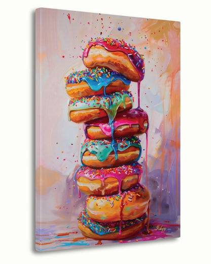 Donut Stack Painting Canvas Framed Canvas, Colorful Dripping Doughnuts Pop Art Print For Kitchen Coffee Bar, Bakery Dining Room Wall Decor