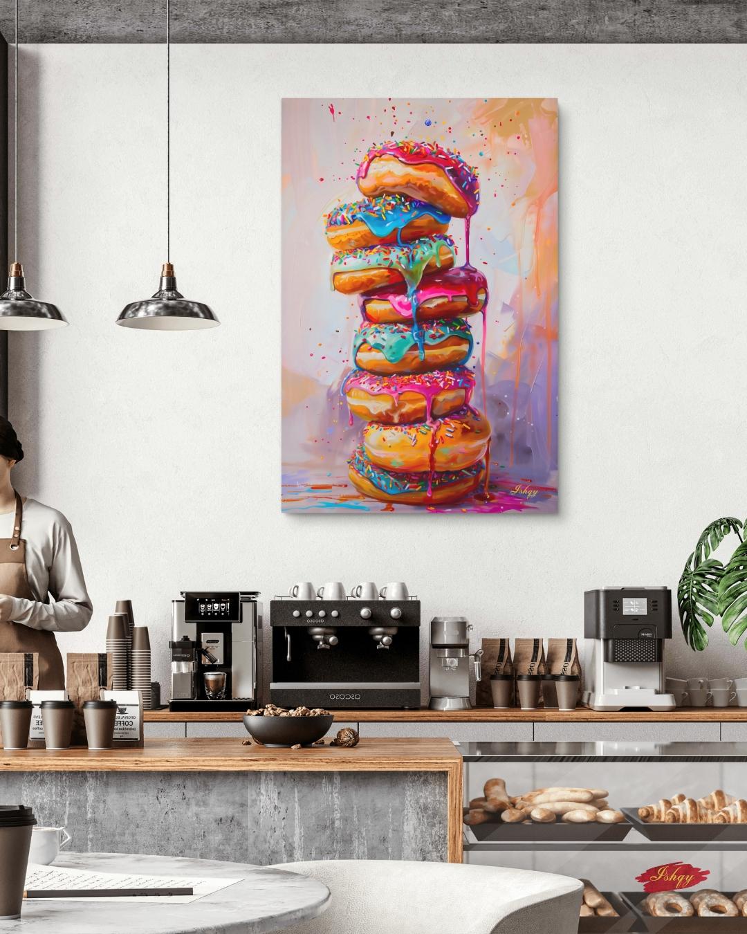 Donut Stack Painting Canvas Framed Canvas, Colorful Dripping Doughnuts Pop Art Print For Kitchen Coffee Bar, Bakery Dining Room Wall Decor