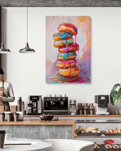 Donut Stack Painting Canvas Framed Canvas, Colorful Dripping Doughnuts Pop Art Print For Kitchen Coffee Bar, Bakery Dining Room Wall Decor