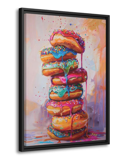 Donut Stack Painting Canvas Framed Canvas, Colorful Dripping Doughnuts Pop Art Print For Kitchen Coffee Bar, Bakery Dining Room Wall Decor