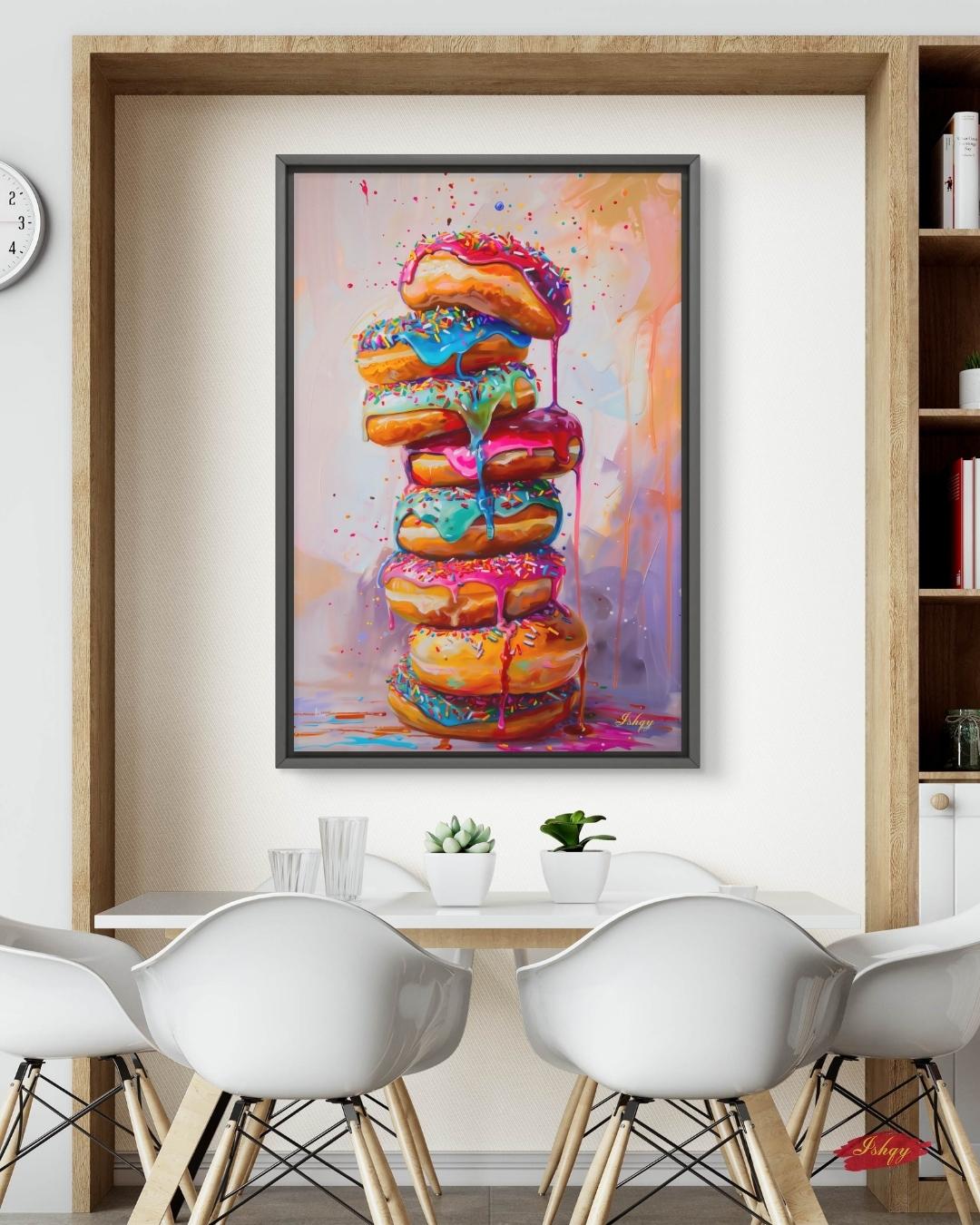 Donut Stack Painting Canvas Framed Canvas, Colorful Dripping Doughnuts Pop Art Print For Kitchen Coffee Bar, Bakery Dining Room Wall Decor