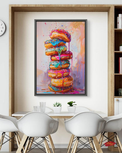 Donut Stack Painting Canvas Framed Canvas, Colorful Dripping Doughnuts Pop Art Print For Kitchen Coffee Bar, Bakery Dining Room Wall Decor