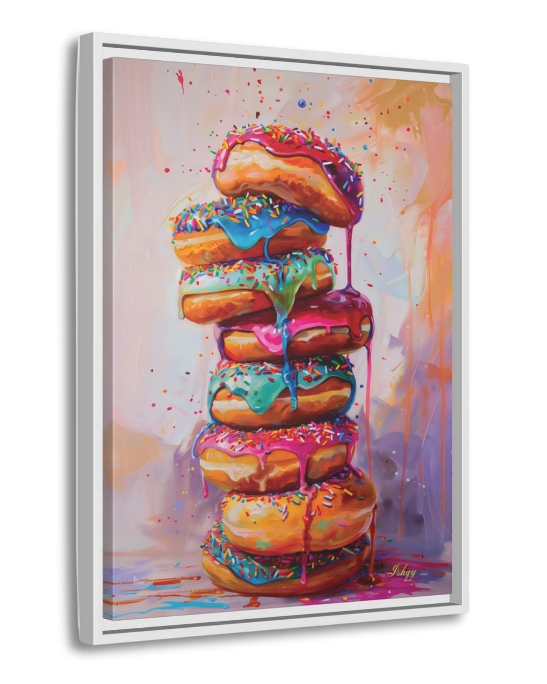 Donut Stack Painting Canvas Framed Canvas, Colorful Dripping Doughnuts Pop Art Print For Kitchen Coffee Bar, Bakery Dining Room Wall Decor