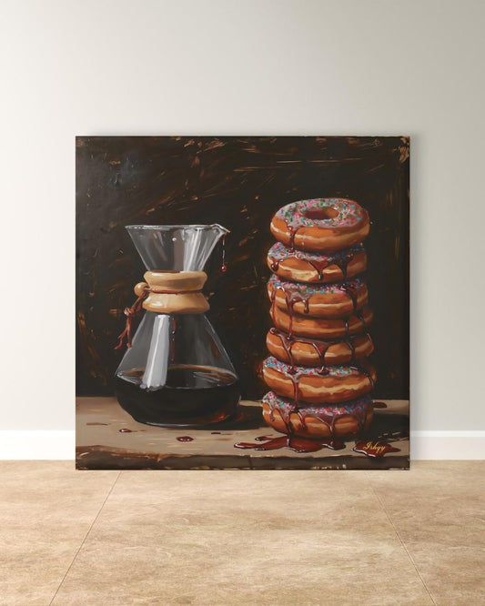 Sugar & Brew | Coffee and Donuts Wall Art Canvas Print | IshqyBusiness. Sugar & Brew coffee and donuts art print with warm tones & playful charm. Canvas & framed canvas painting print for kitchen or cafe decor. 