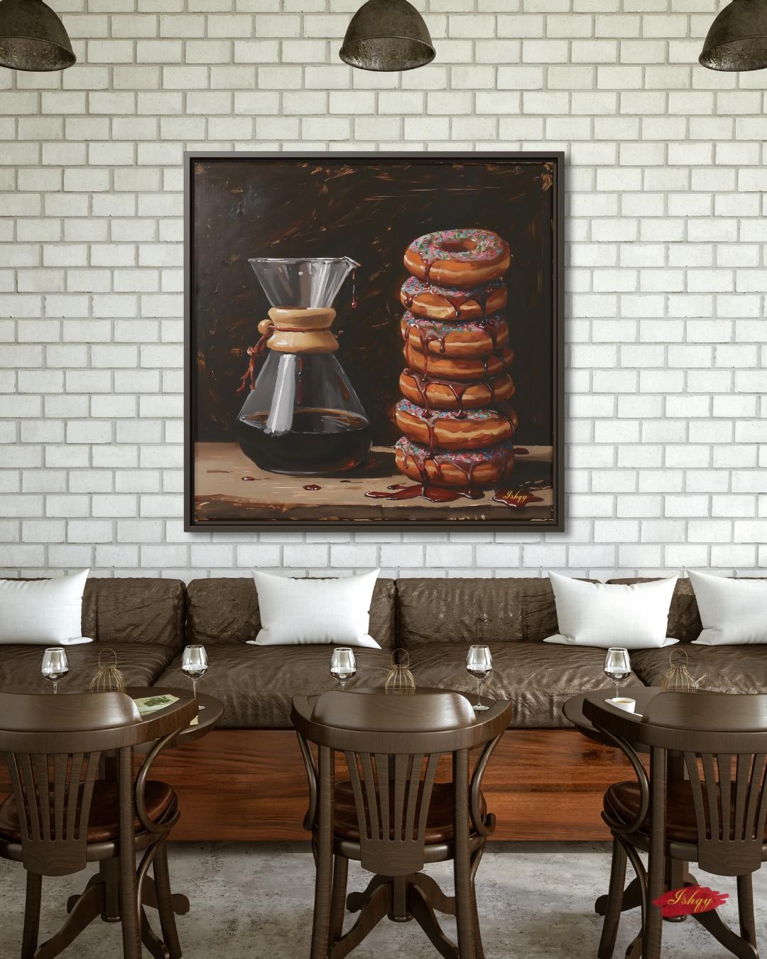Sugar & Brew | Coffee and Donuts Wall Art Canvas Print | IshqyBusiness. Sugar & Brew coffee and donuts art print with warm tones & playful charm. Canvas & framed canvas painting print for kitchen or cafe decor. 