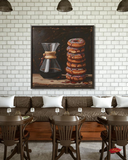 Sugar & Brew | Coffee and Donuts Wall Art Canvas Print | IshqyBusiness. Sugar & Brew coffee and donuts art print with warm tones & playful charm. Canvas & framed canvas painting print for kitchen or cafe decor. 