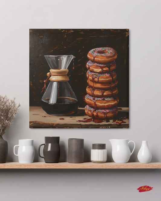 Sugar & Brew | Coffee and Donuts Wall Art Canvas Print | IshqyBusiness. Sugar & Brew coffee and donuts art print with warm tones & playful charm. Canvas & framed canvas painting print for kitchen or cafe decor. 