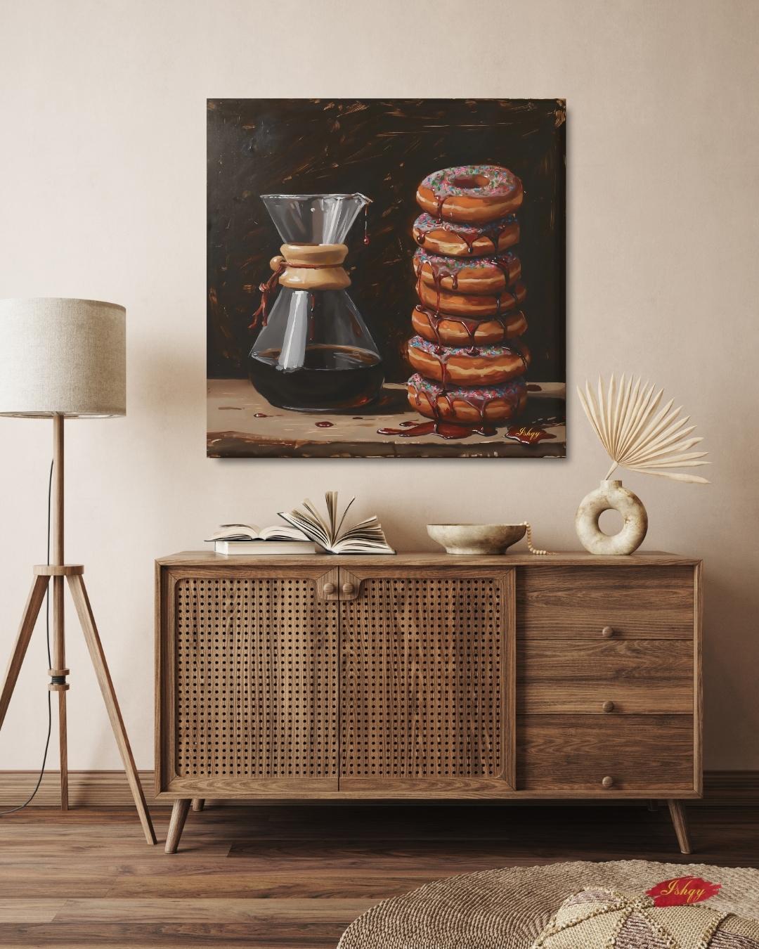 Sugar & Brew | Coffee and Donuts Wall Art Canvas Print | IshqyBusiness. Sugar & Brew coffee and donuts art print with warm tones & playful charm. Canvas & framed canvas painting print for kitchen or cafe decor. 