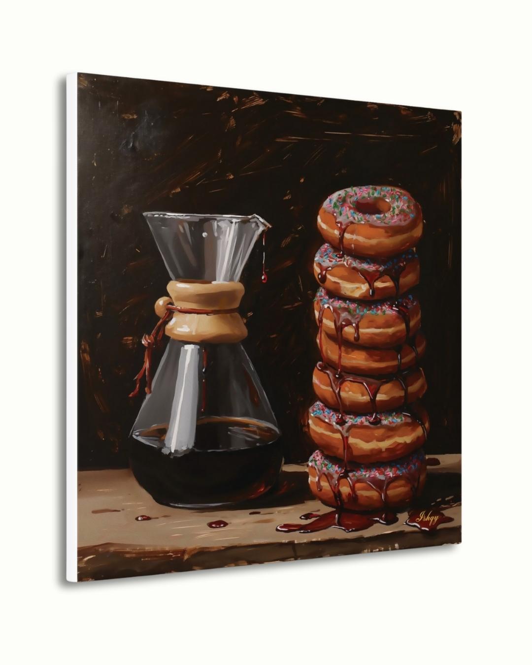 Sugar & Brew | Coffee and Donuts Wall Art Canvas Print | IshqyBusiness. Sugar & Brew coffee and donuts art print with warm tones & playful charm. Canvas & framed canvas painting print for kitchen or cafe decor. 