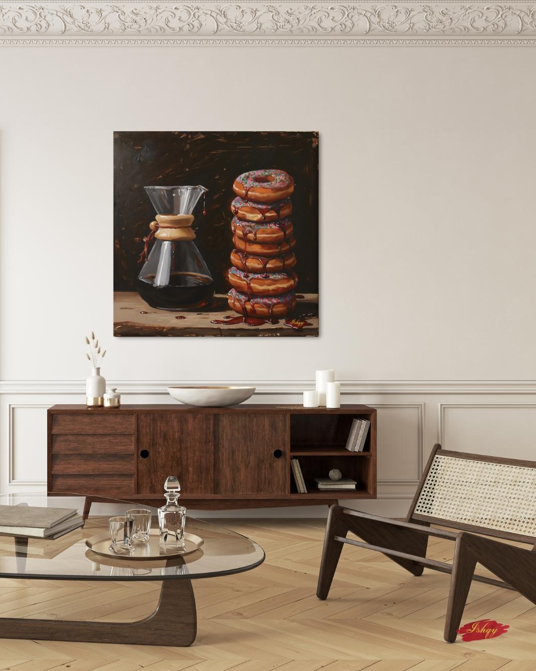 Sugar & Brew | Coffee and Donuts Wall Art Canvas Print | IshqyBusiness. Sugar & Brew coffee and donuts art print with warm tones & playful charm. Canvas & framed canvas painting print for kitchen or cafe decor. 