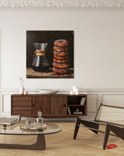 Sugar & Brew | Coffee and Donuts Wall Art Canvas Print | IshqyBusiness. Sugar & Brew coffee and donuts art print with warm tones & playful charm. Canvas & framed canvas painting print for kitchen or cafe decor. 