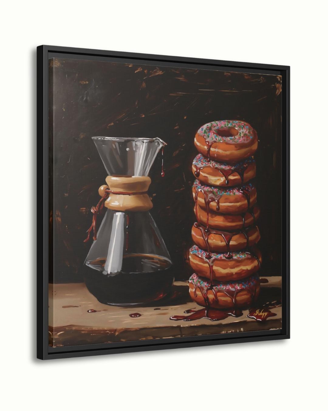 Sugar & Brew | Coffee and Donuts Wall Art Canvas Print | IshqyBusiness. Sugar & Brew coffee and donuts art print with warm tones & playful charm. Canvas & framed canvas painting print for kitchen or cafe decor. 