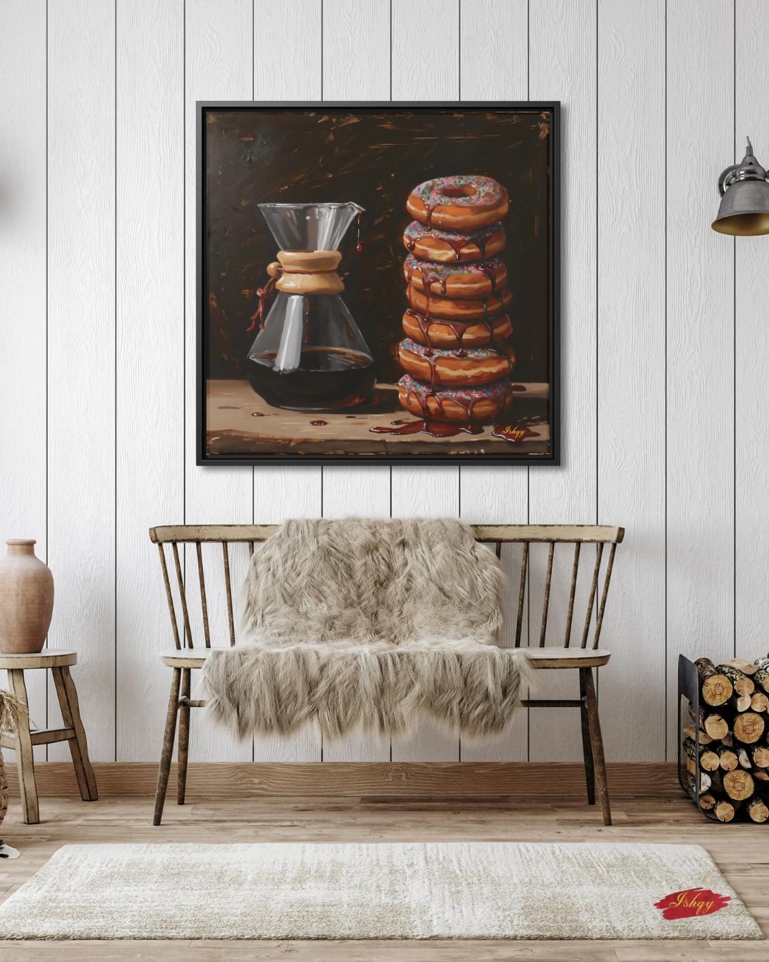 Sugar & Brew | Coffee and Donuts Wall Art Canvas Print | IshqyBusiness. Sugar & Brew coffee and donuts art print with warm tones & playful charm. Canvas & framed canvas painting print for kitchen or cafe decor. 