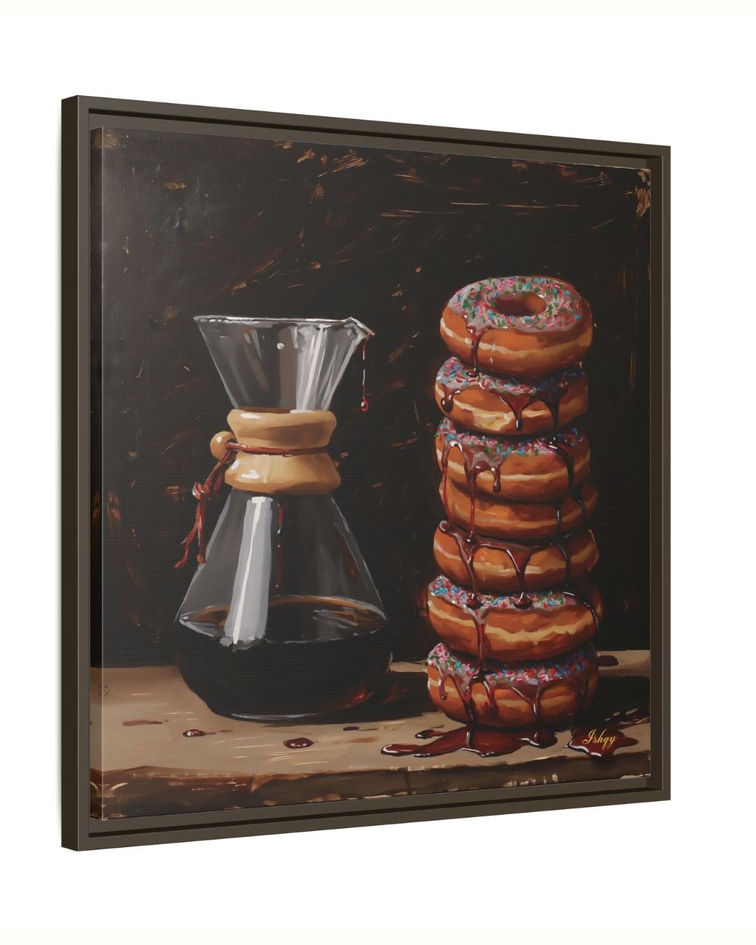 Sugar & Brew | Coffee and Donuts Wall Art Canvas Print | IshqyBusiness. Sugar & Brew coffee and donuts art print with warm tones & playful charm. Canvas & framed canvas painting print for kitchen or cafe decor. 
