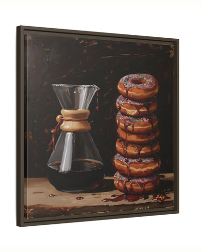 Sugar & Brew | Coffee and Donuts Wall Art Canvas Print | IshqyBusiness. Sugar & Brew coffee and donuts art print with warm tones & playful charm. Canvas & framed canvas painting print for kitchen or cafe decor. 