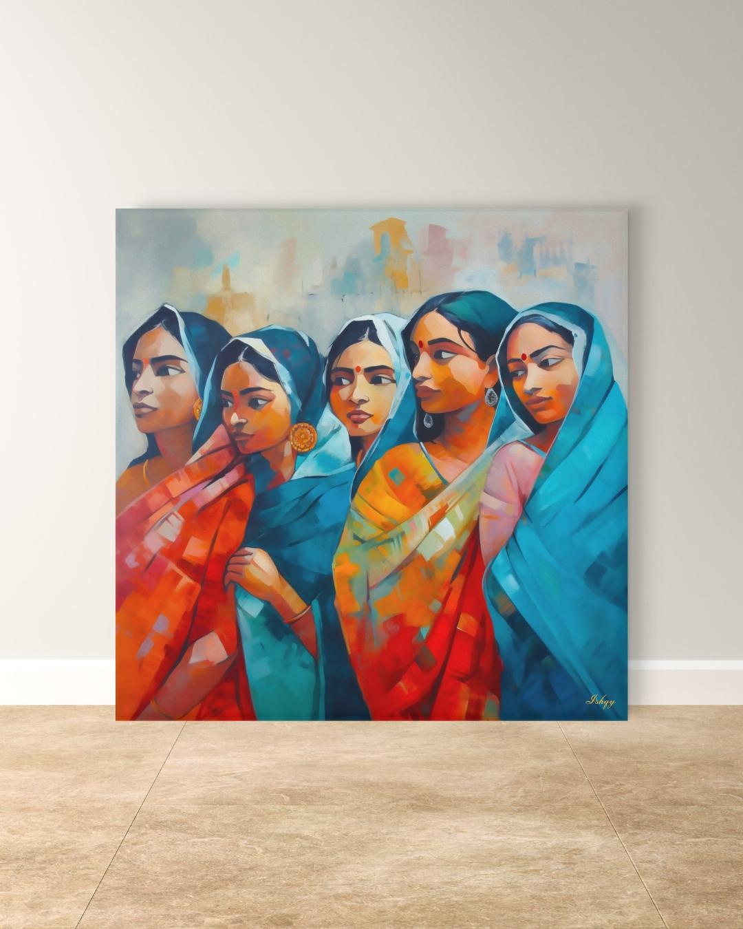 Bengali Women Wall Art, Indian Saree Canvas, Kolkata Culture Print, Vibrant South Asian Home Decor, Gift for Her, Living Room Artwork Poster