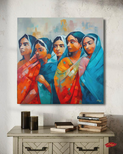 Bengali Women Wall Art, Indian Saree Canvas, Kolkata Culture Print, Vibrant South Asian Home Decor, Gift for Her, Living Room Artwork Poster
