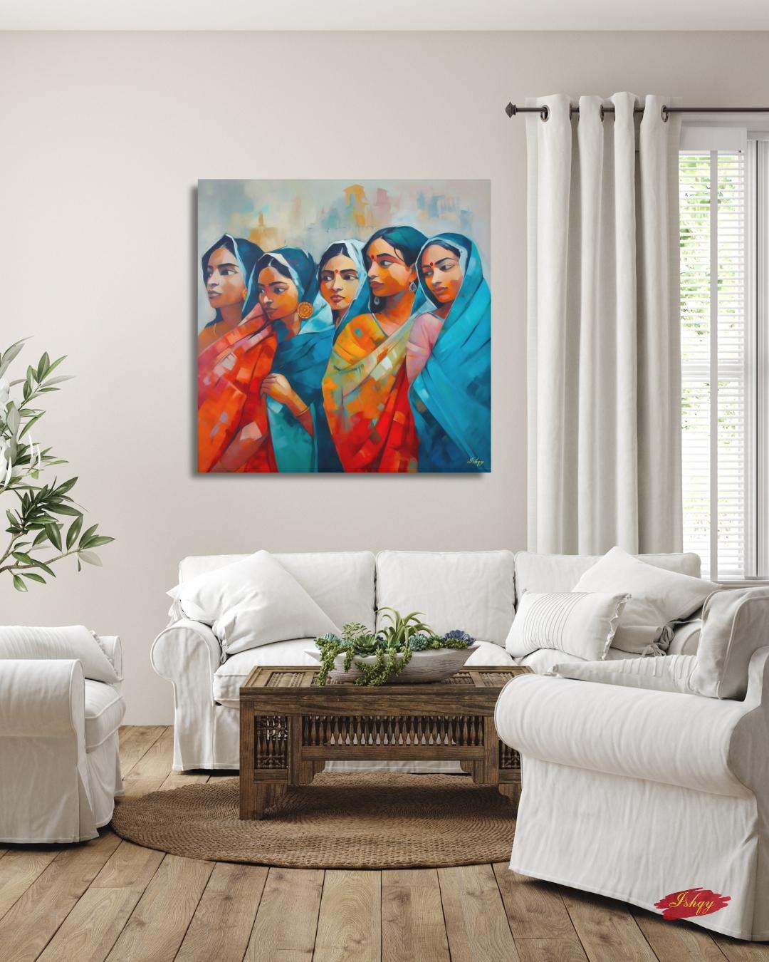 Bengali Women Wall Art, Indian Saree Canvas, Kolkata Culture Print, Vibrant South Asian Home Decor, Gift for Her, Living Room Artwork Poster