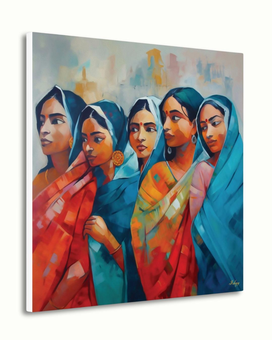 Bengali Women Wall Art, Indian Saree Canvas, Kolkata Culture Print, Vibrant South Asian Home Decor, Gift for Her, Living Room Artwork Poster