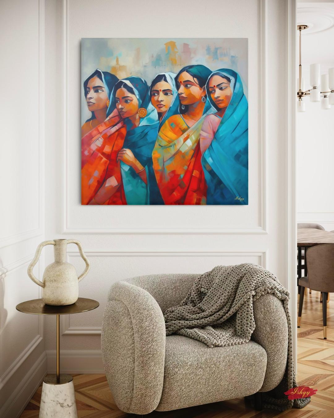 Bengali Women Wall Art, Indian Saree Canvas, Kolkata Culture Print, Vibrant South Asian Home Decor, Gift for Her, Living Room Artwork Poster