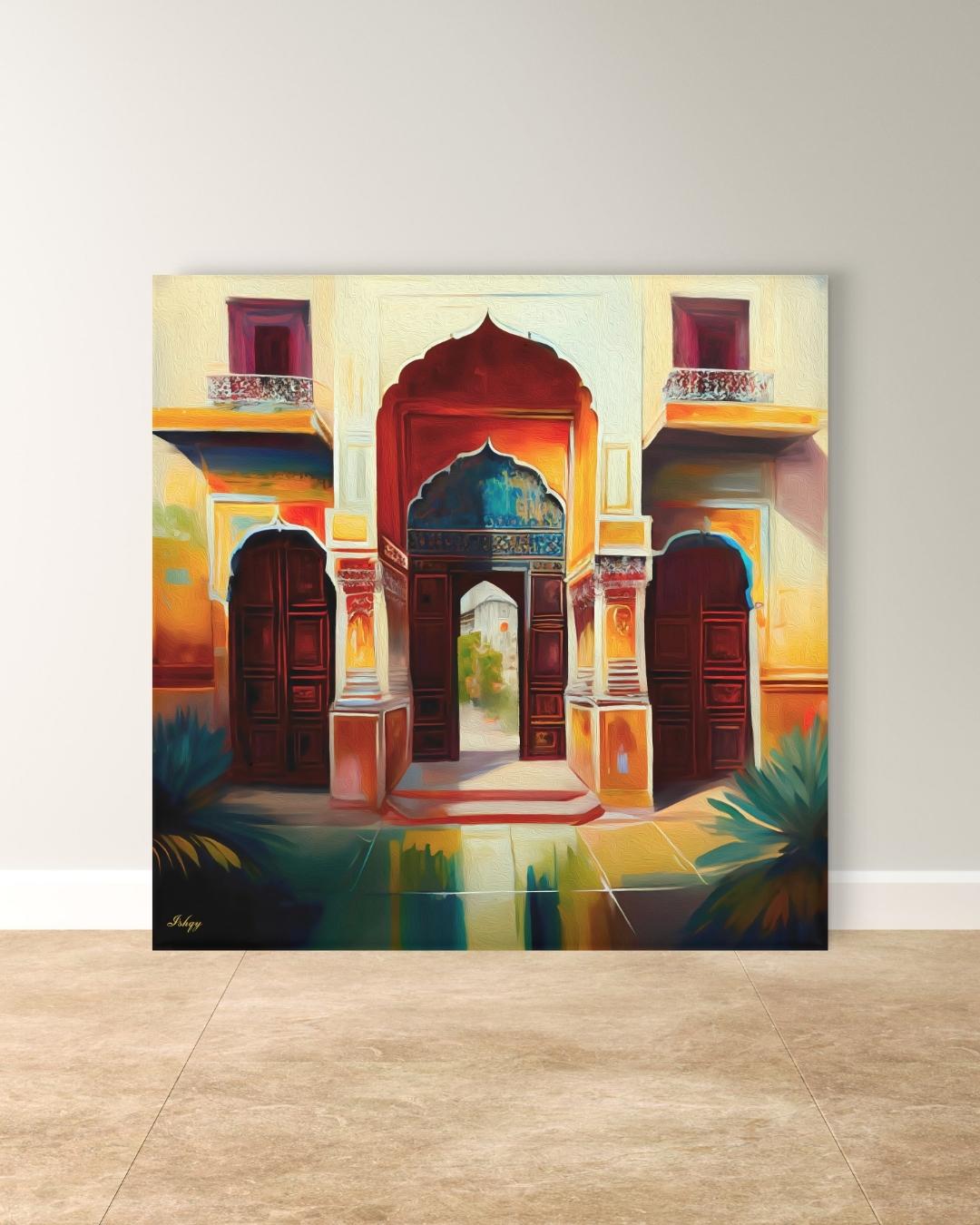 Indian Palace Door Wall Art, Rajasthan Archway Print, Vibrant Heritage Canvas, Traditional Architectural Artwork for Home Living Room Decor