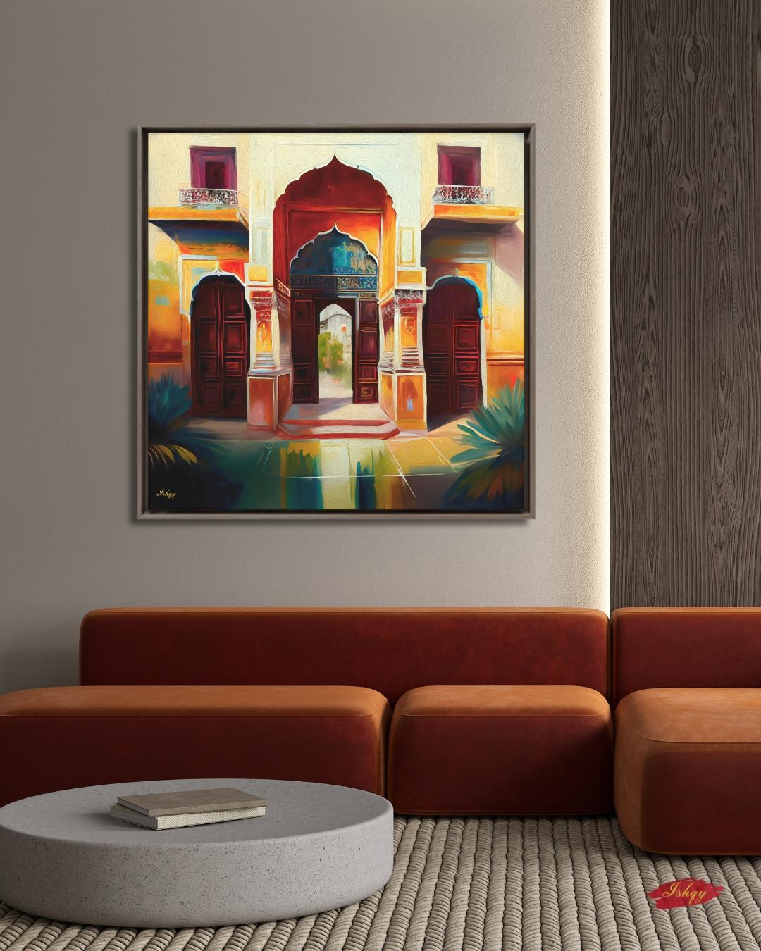 Indian Palace Door Wall Art, Rajasthan Archway Print, Vibrant Heritage Canvas, Traditional Architectural Artwork for Home Living Room Decor