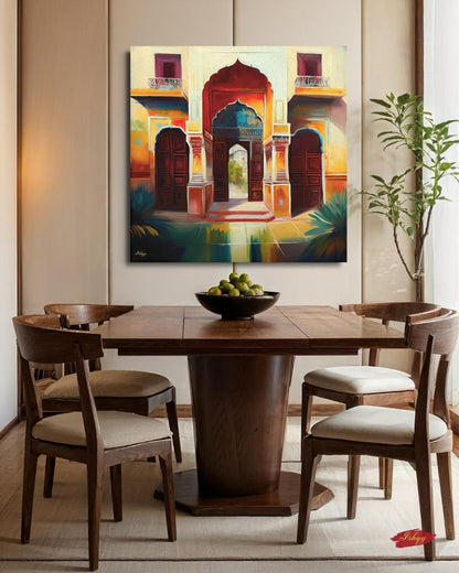 Indian Palace Door Wall Art, Rajasthan Archway Print, Vibrant Heritage Canvas, Traditional Architectural Artwork for Home Living Room Decor