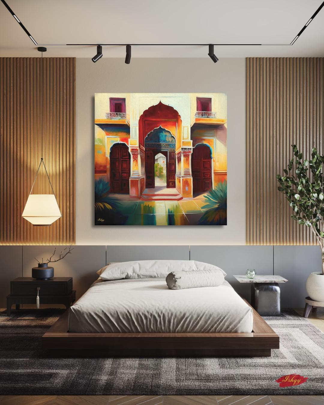 Indian Palace Door Wall Art, Rajasthan Archway Print, Vibrant Heritage Canvas, Traditional Architectural Artwork for Home Living Room Decor