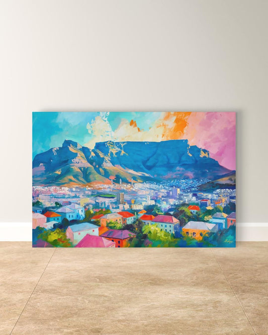 Cape Town South Africa Cityscape Painting Print, Canvas Framed Canvas, Table Mountain Skyline Art, Colorful Coastal Wall Art For Living Room