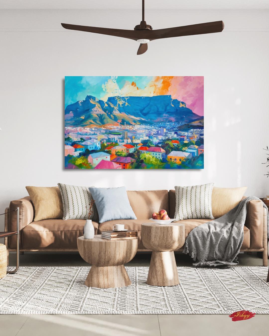 Cape Town South Africa Cityscape Painting Print, Canvas Framed Canvas, Table Mountain Skyline Art, Colorful Coastal Wall Art For Living Room