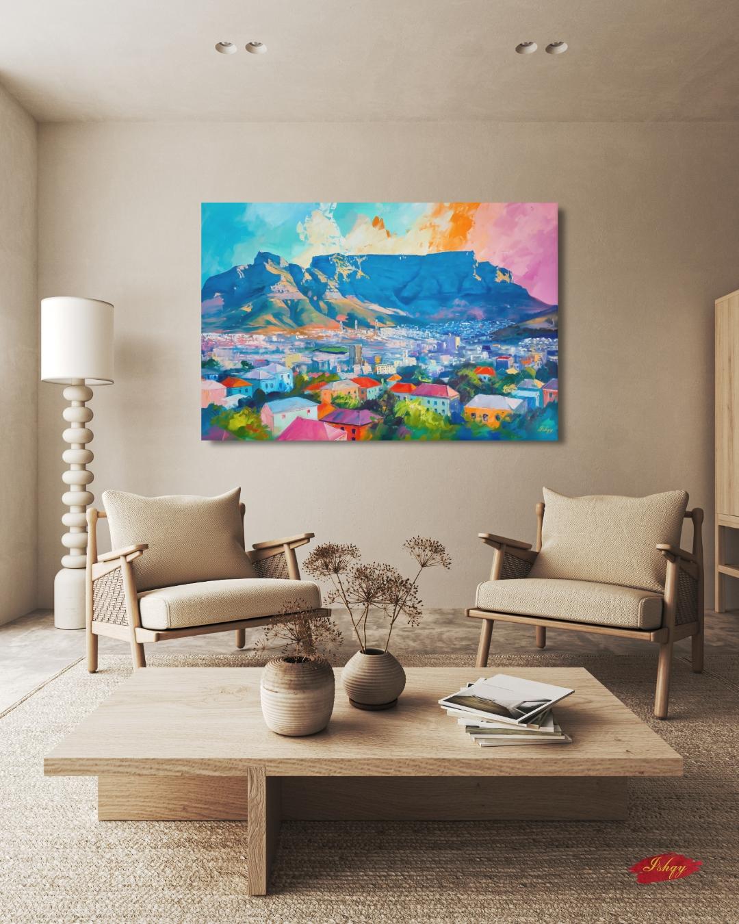 Cape Town South Africa Cityscape Painting Print, Canvas Framed Canvas, Table Mountain Skyline Art, Colorful Coastal Wall Art For Living Room